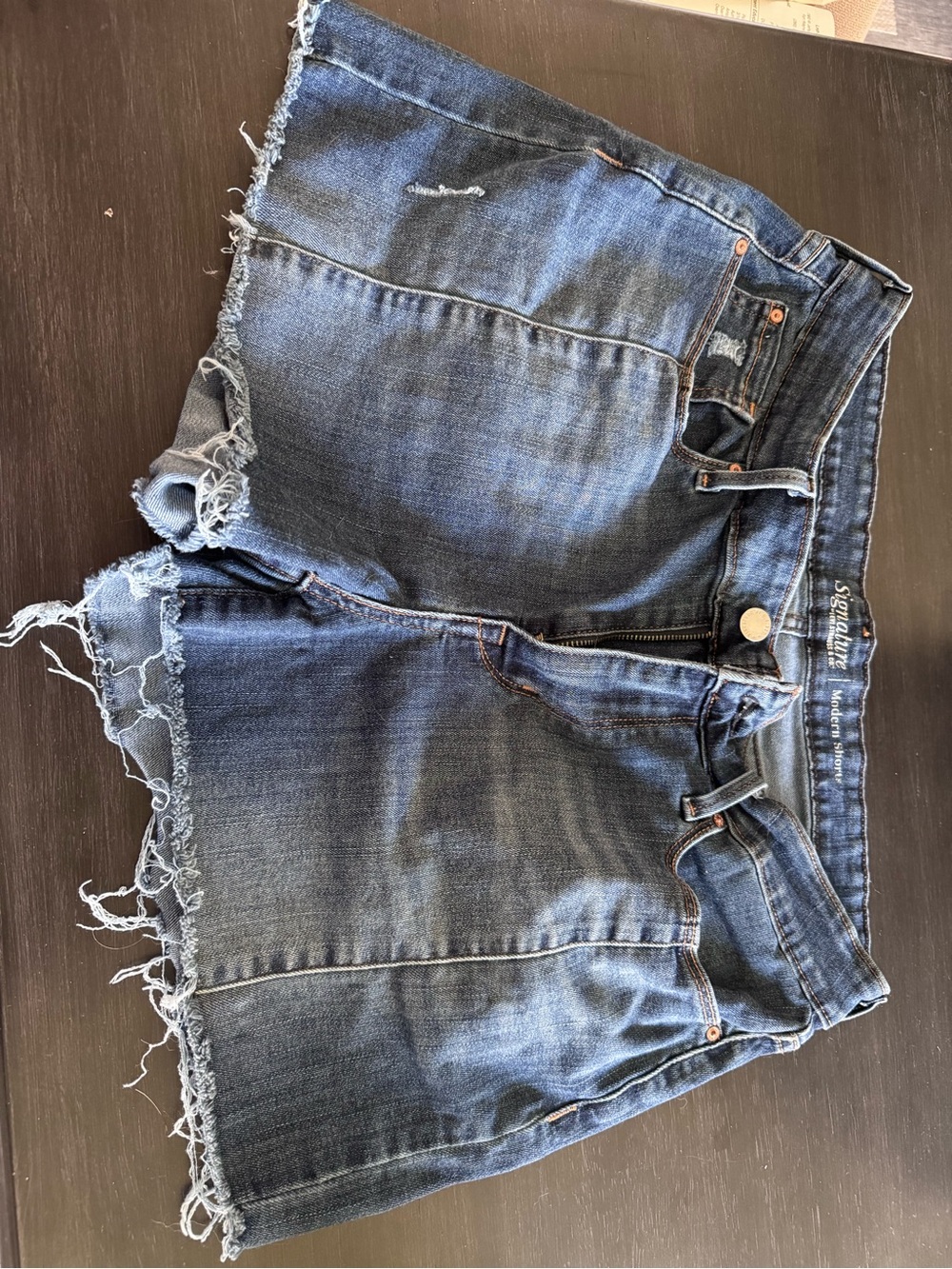 Signature by Levi Strauss Dark Blue Frayed Hem Denim Shorts